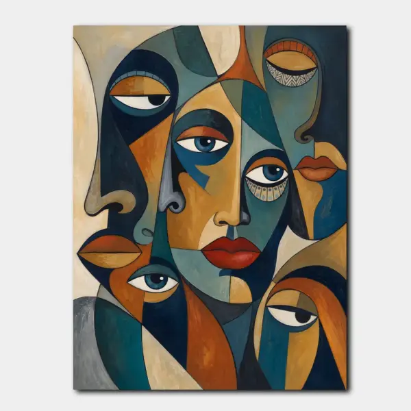Layered Faces in Blue and Ochre