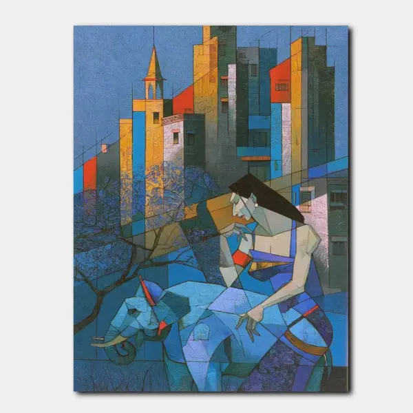 SKU0085_01 Urban Lady and her Elephant in Geometric Blue City