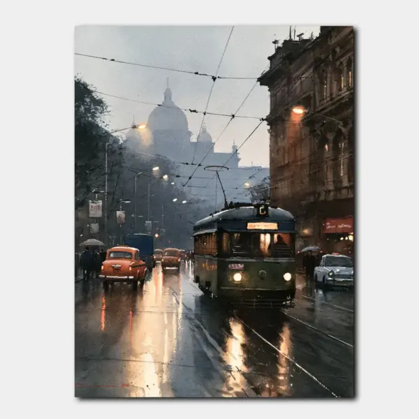 SKU0146_01 Old Tram of Kolkata in Silver Rain