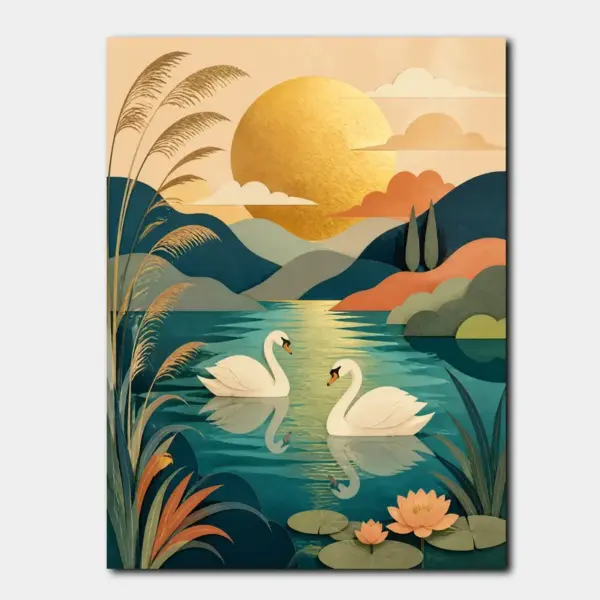 Golden Swan Lake at Sunset