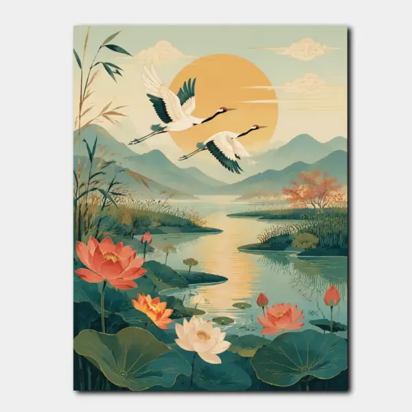 Cranes Above Lotus Lake at Sunrise