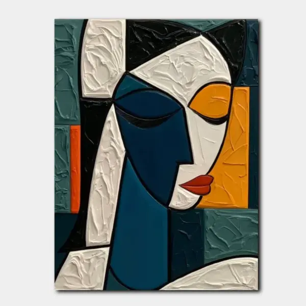 Cubist Woman Face in Teal and Ochre