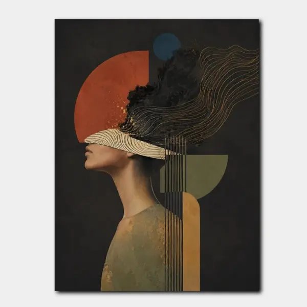 Profile Woman with Flowing Hair and Red Sun