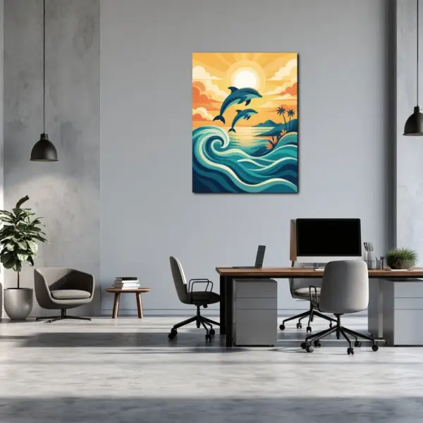 Dolphins Over Golden Ocean Waves