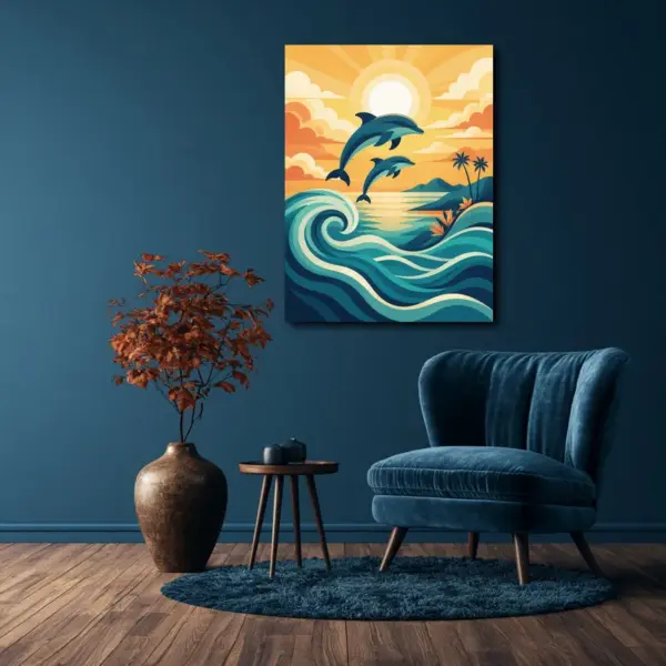 Dolphins Over Golden Ocean Waves