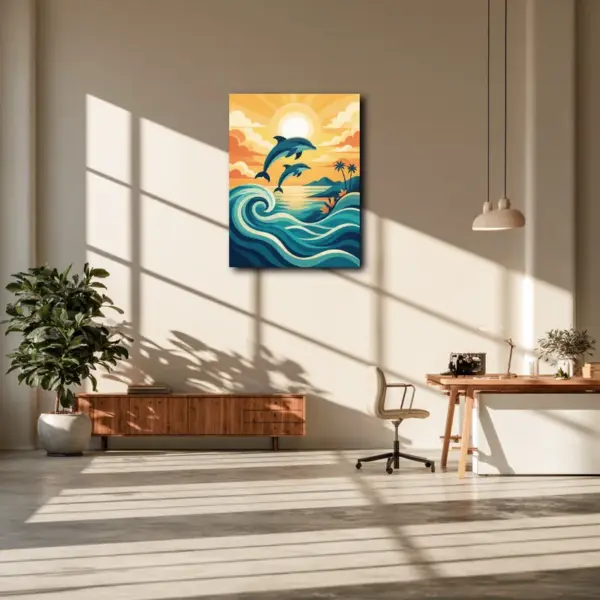 Dolphins Over Golden Ocean Waves