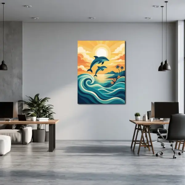 Dolphins Over Golden Ocean Waves