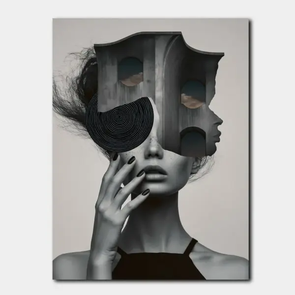 Monochrome Woman Behind Architectural Mask